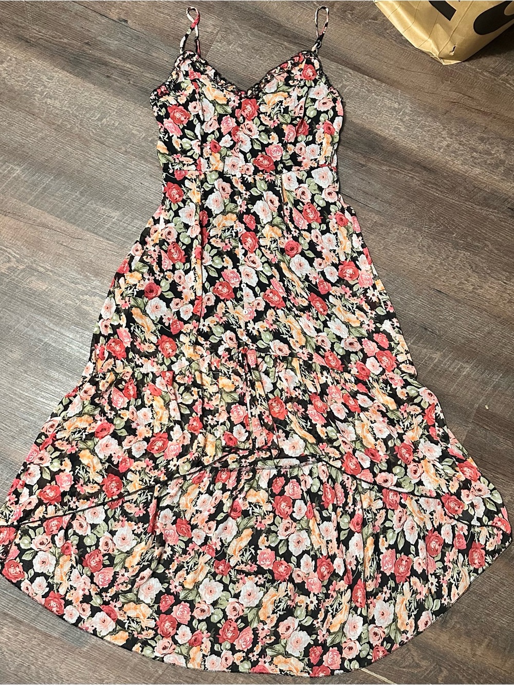 Floral Spaghetti-Strap Midi Dress - Black with Pink & Cream Flowers